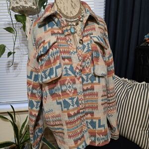 Easel Southwestern Aztek Button-Front Shacket in Chore Pockets Soft Jacket